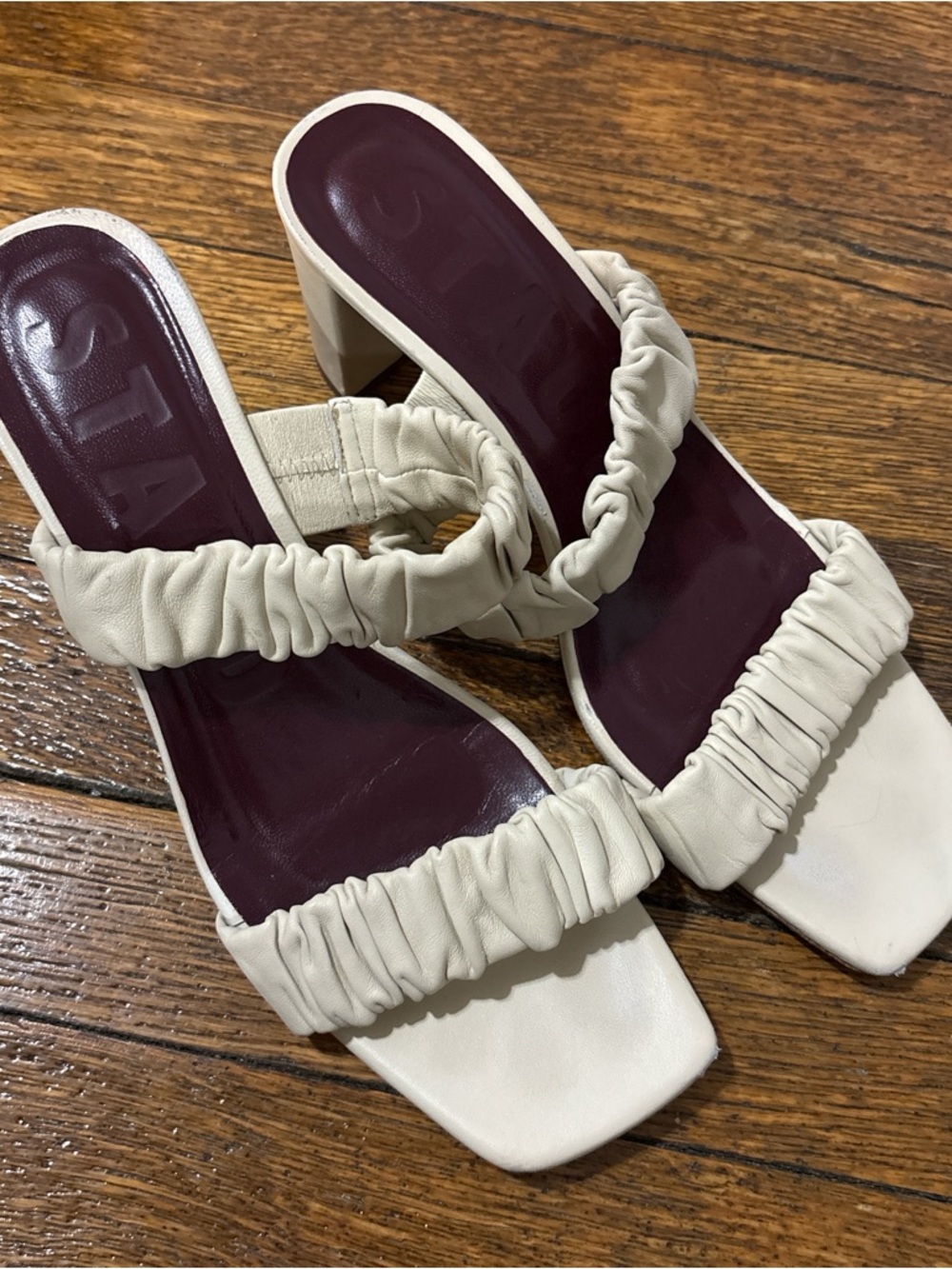 Staud Cream Ruched Strap Block Heel Sandals